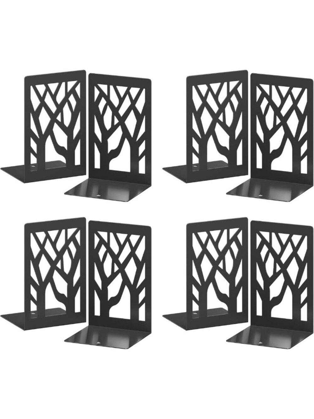 Stylish 8-Piece Metal Bookends Set, Black Tree Design, Non-Skid Decorative Shelf